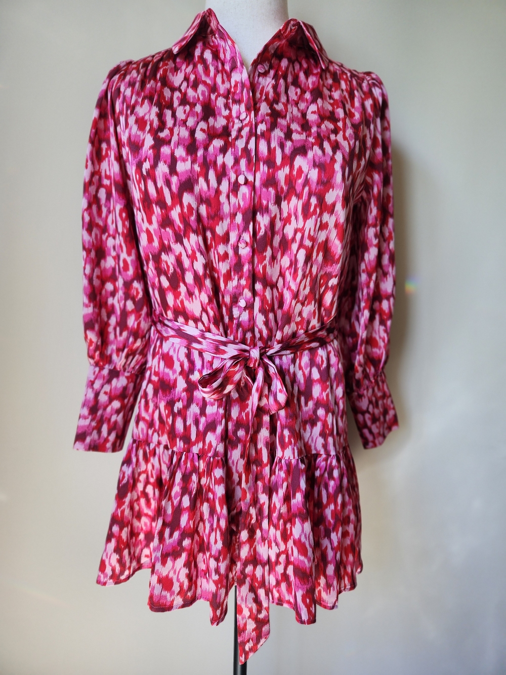 Entro Large Pink Abstract Animal Print Shirt Dress Long Sleeve Tie Waist EUC